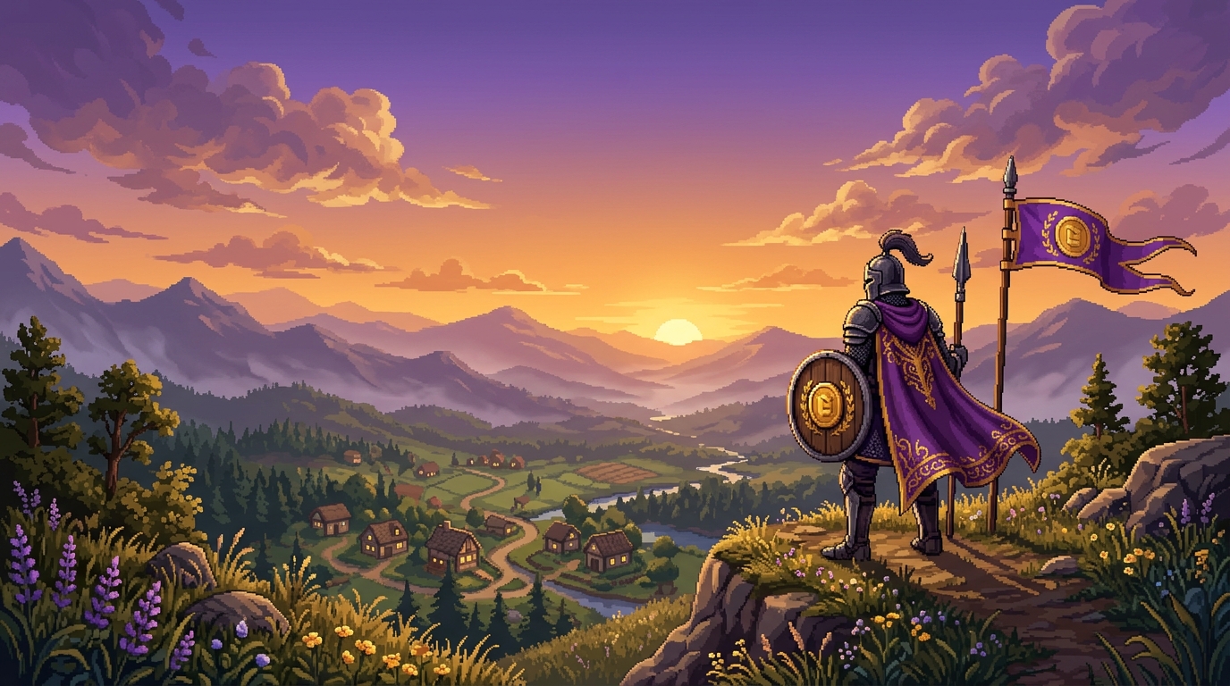 Cavaleiro em pixel-art numa colina, observando um reino ao entardecer